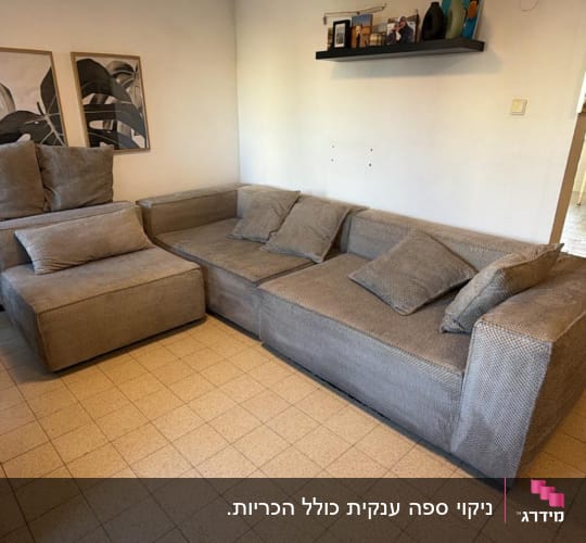 ספה אפורה עם כריות בחדר מגורים.